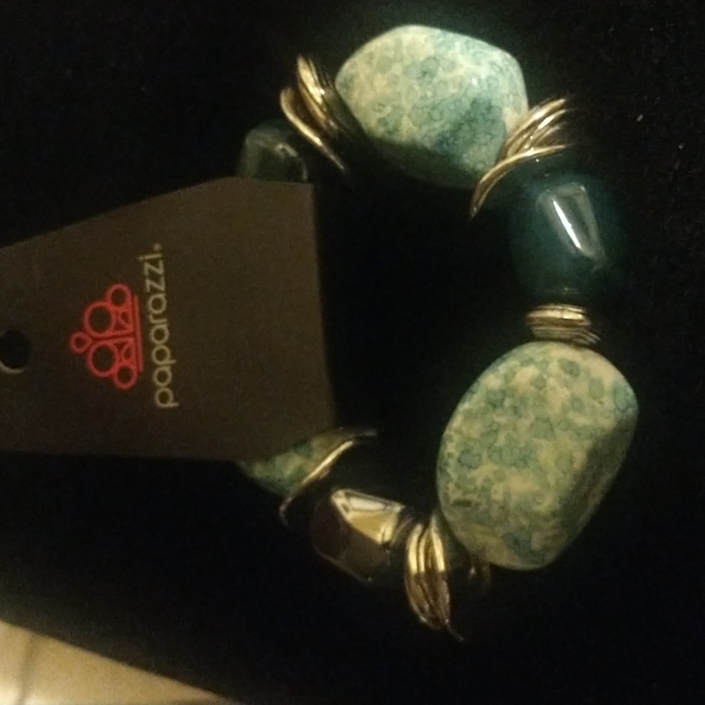 3X! PAPARAZZI Large black, blue & peach silver beaded slip on stretch bracelets - Picture 8 of 13